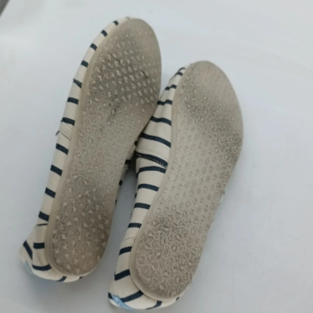 TOMS Alpargata Womens 12 Navy Blue Cream Striped Canvas Slip On Flats Shoes s8